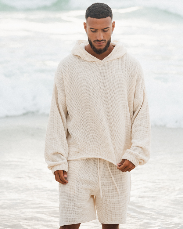 TULUM HEAVY KNITTED DUAL LAYERED HOODIE CRUDO