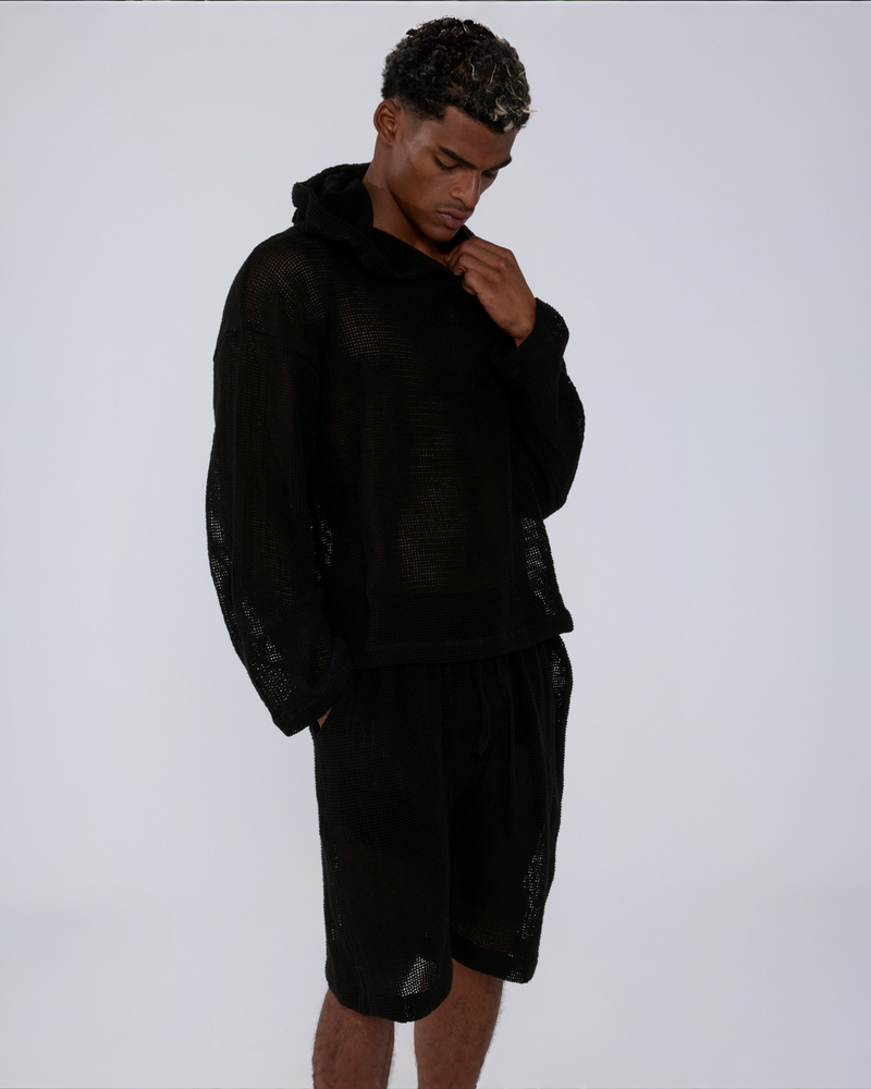 TULUM HEAVY KNIT MESH HOODIE BLACK
